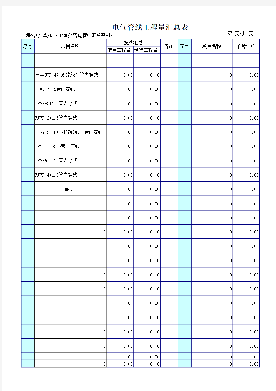 5#弱电管线汇总安装工程量计算表格