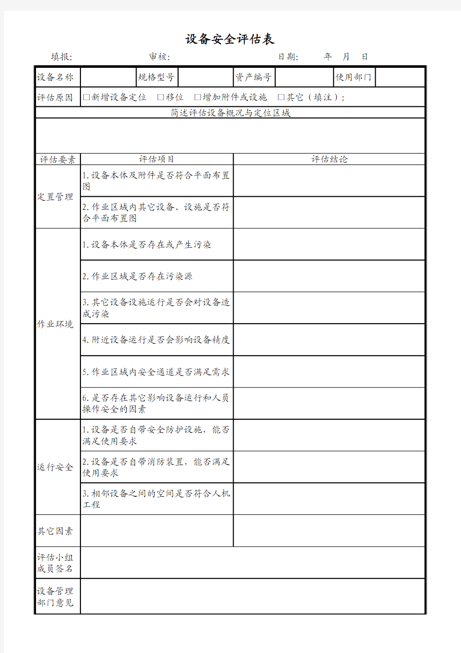 设备安全评估表