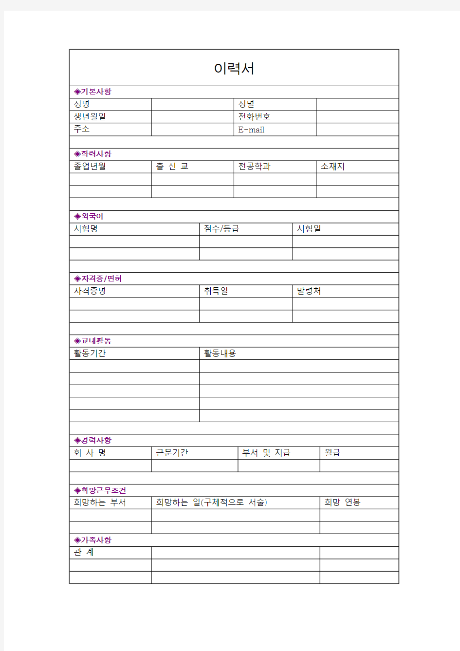 简历表 韩文