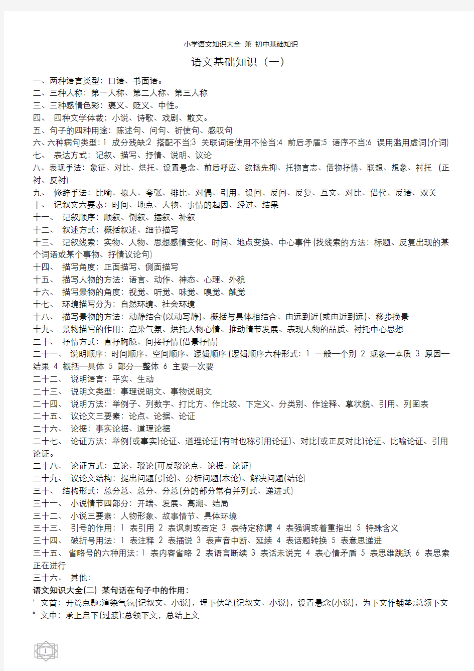 小学语文知识大全(基础知识、文学常识、名句归类)