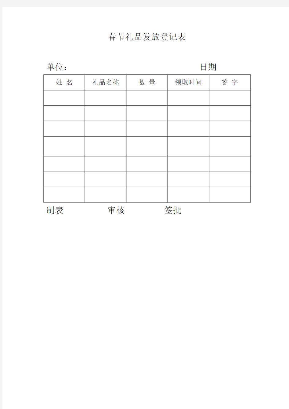 春节礼品发放登记表