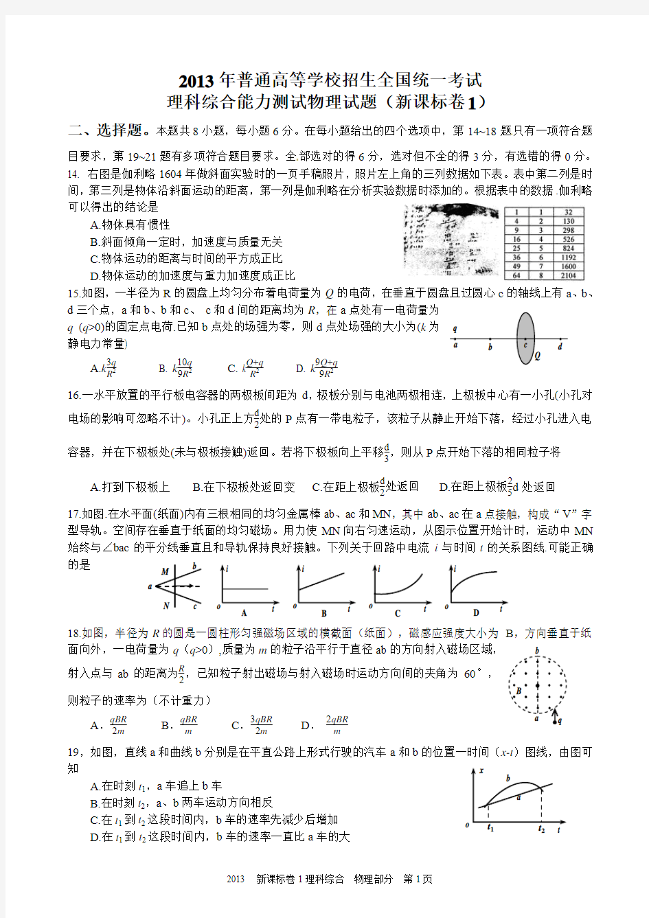 2013高考新课标1理综物理部分试题与答案word解析版2013