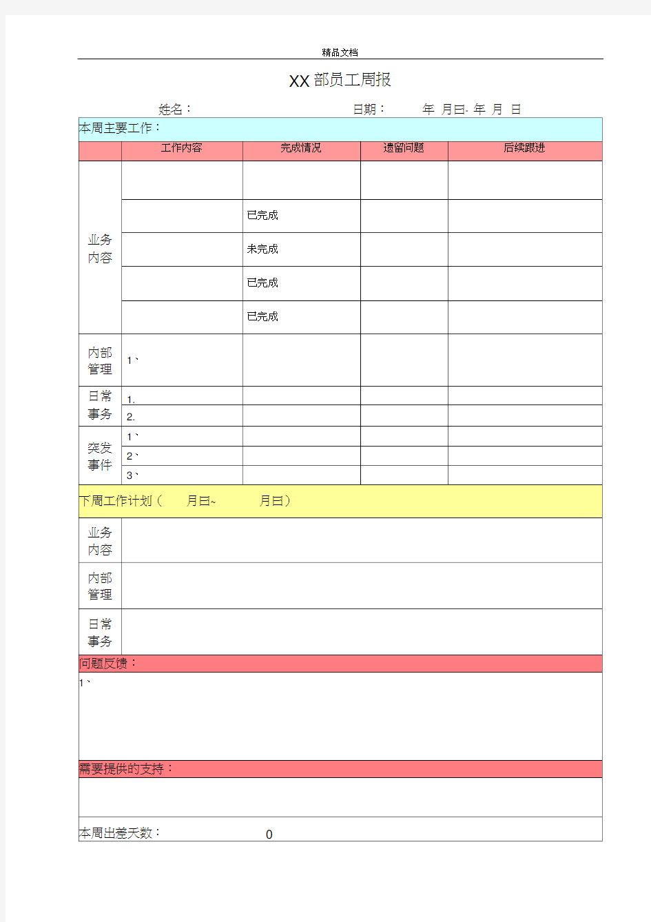 公司各部门周报报表模板