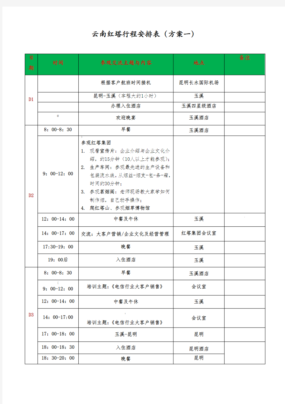 商务考察行程安排表