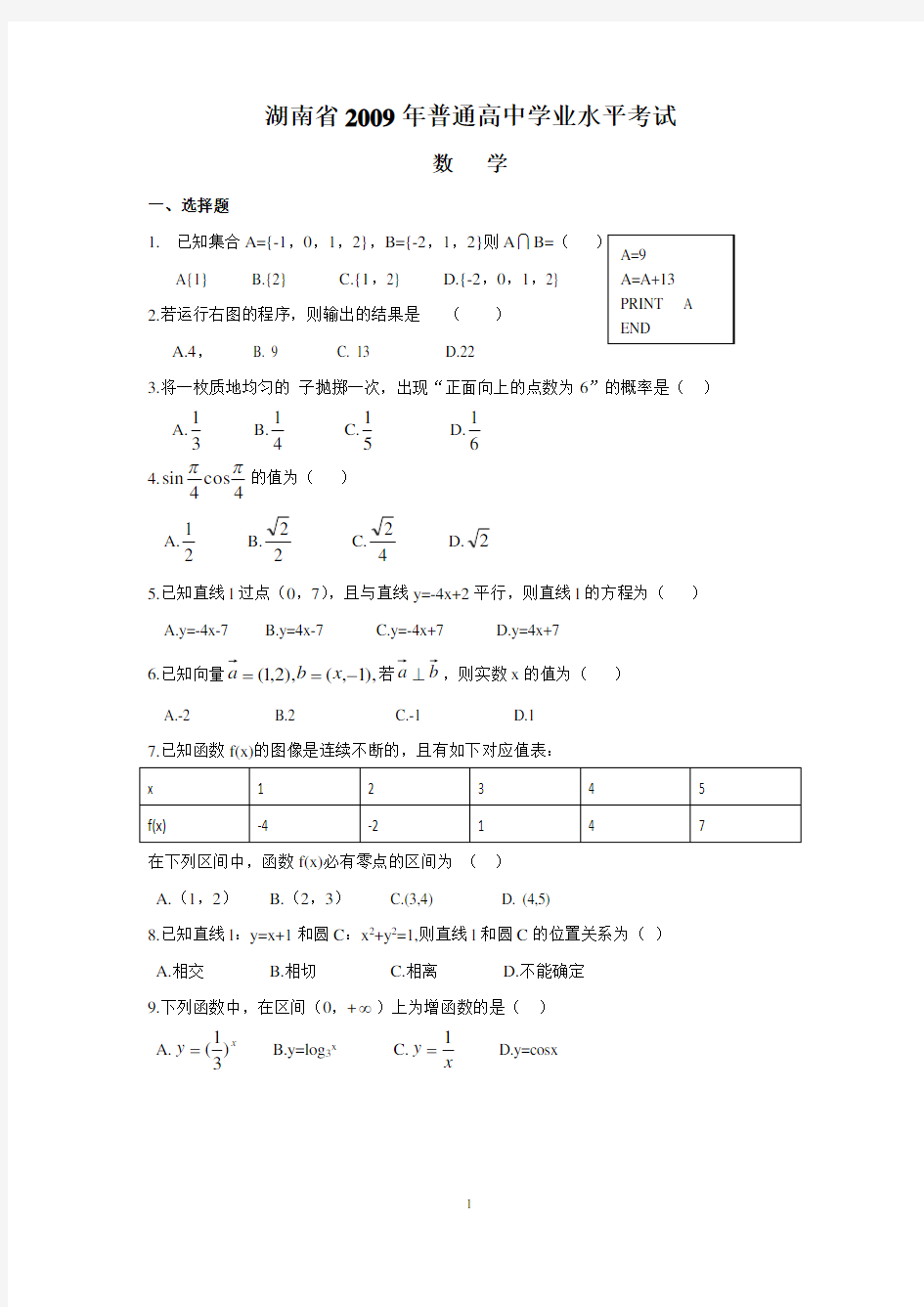 (2020年整理)湖南省普通高中学业水平考试数学试卷及答案.doc