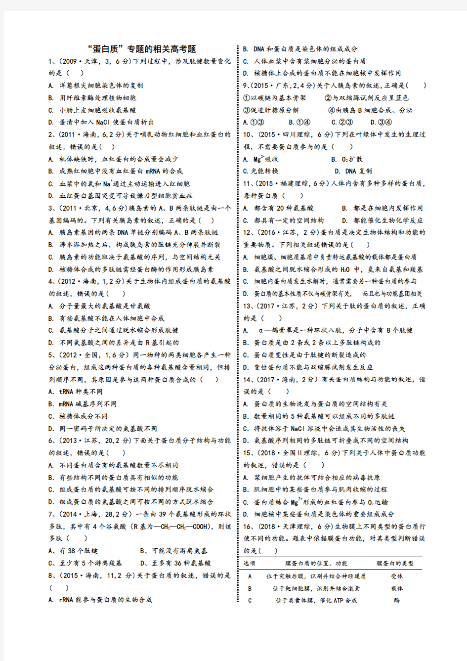 高中生物一轮复习蛋白质的相关高考题