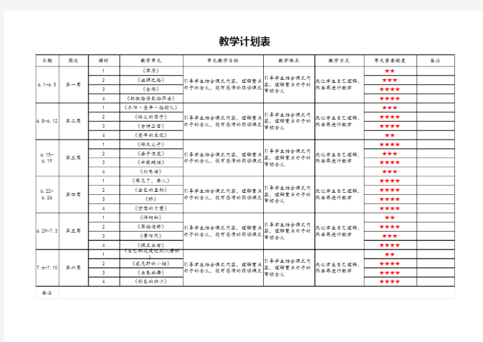 语文教学计划表模板