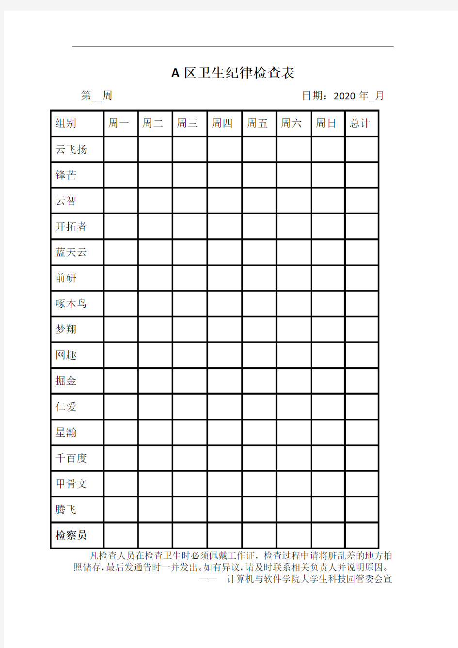 A区卫生纪律检查表