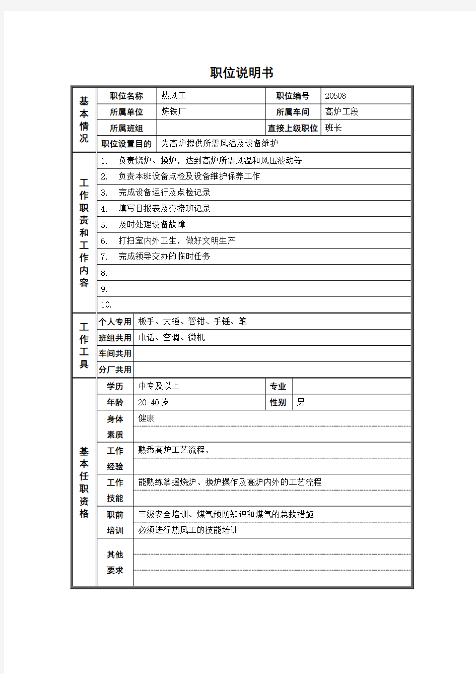 炼铁厂高炉工段热风工岗位职责