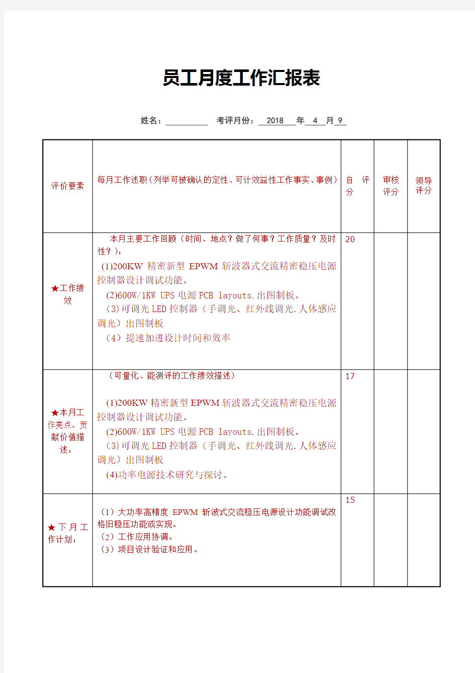 员工月度工作汇报表