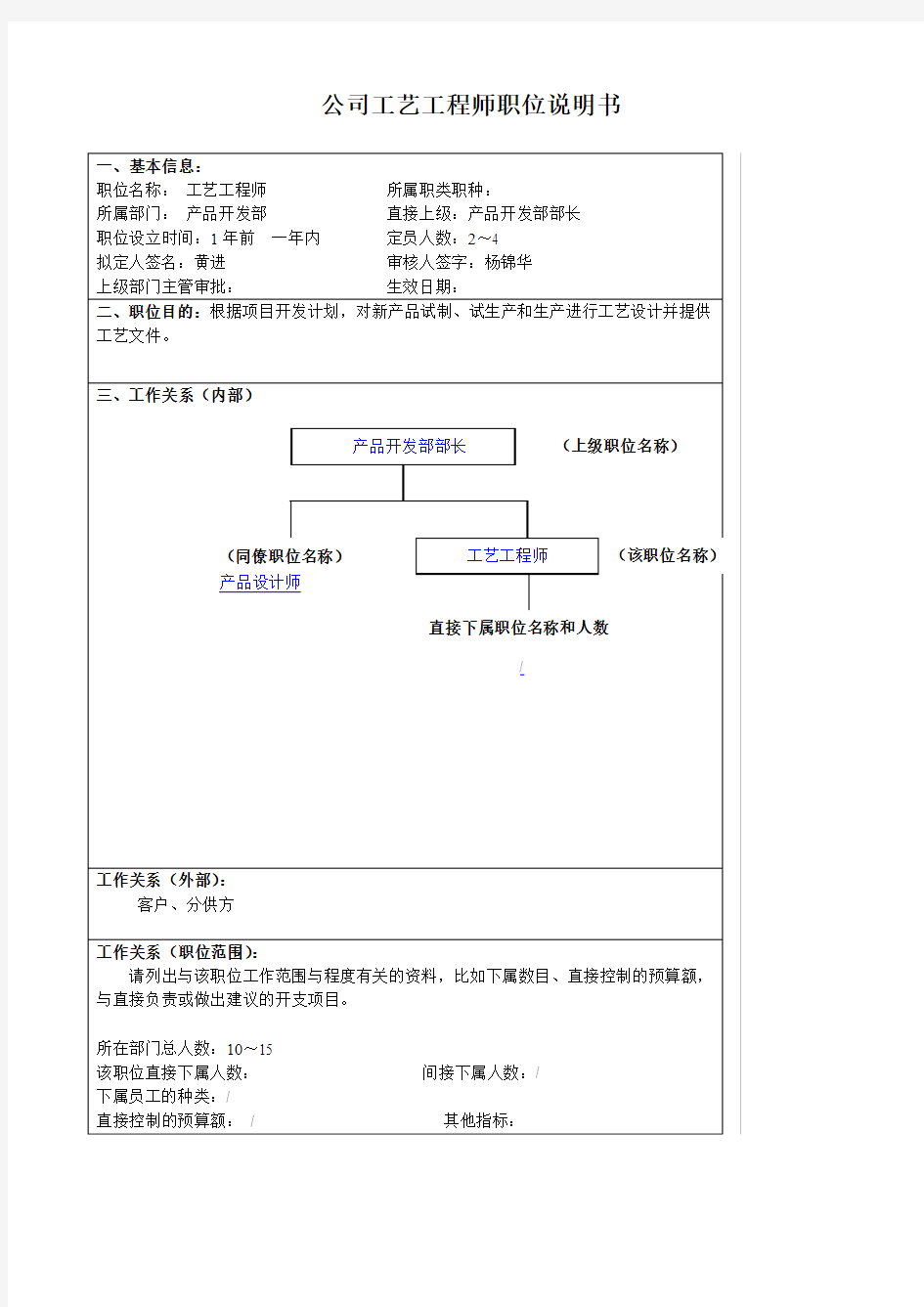 某大型汽车零部件公司产品开发部工艺工程师职位说明书