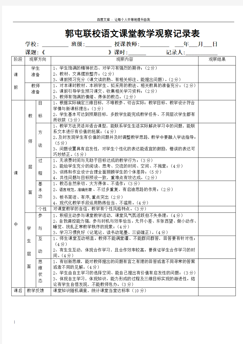 小学语文学科课堂观察记录表