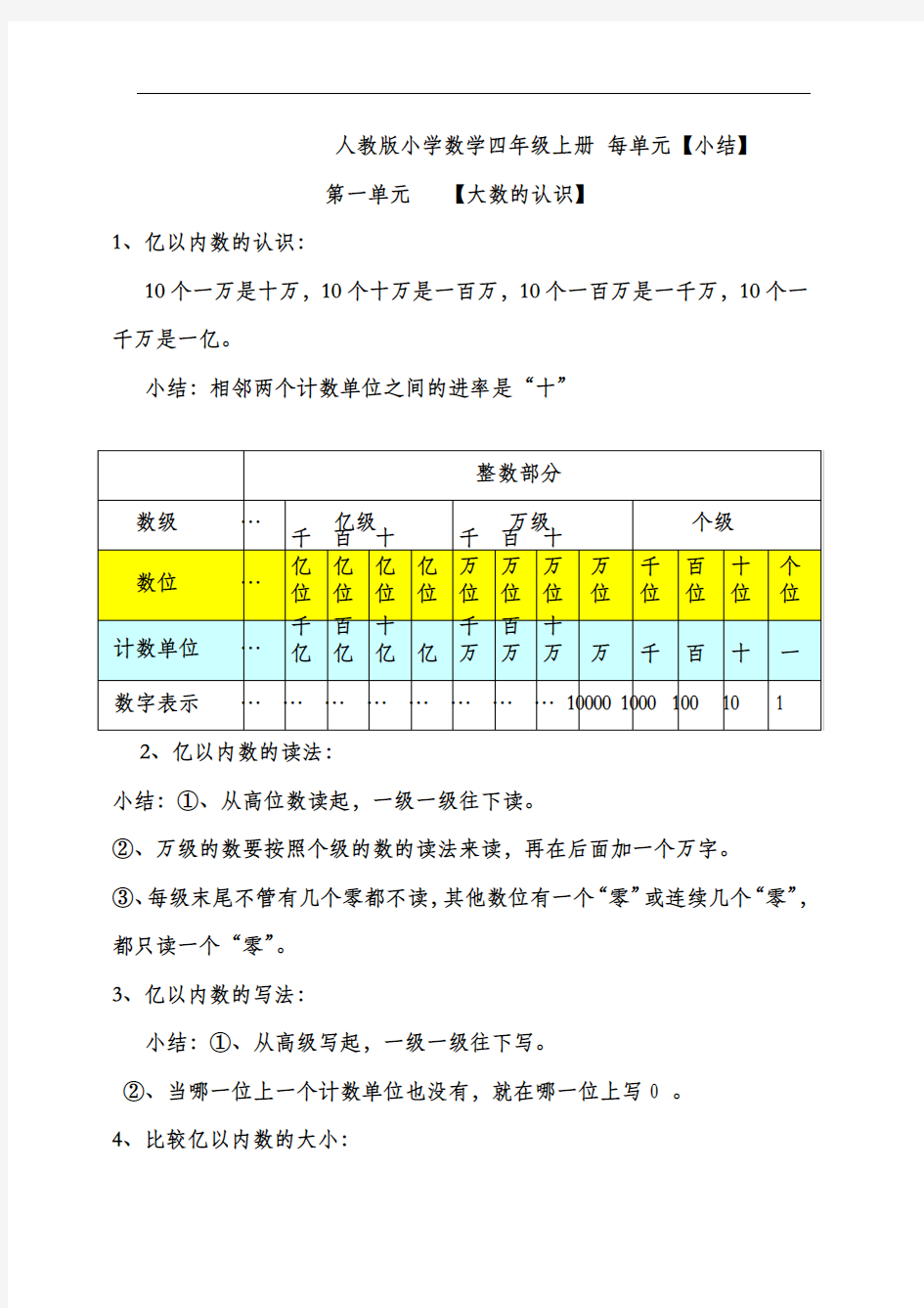 最新人教版四年级数学上册知识点总结