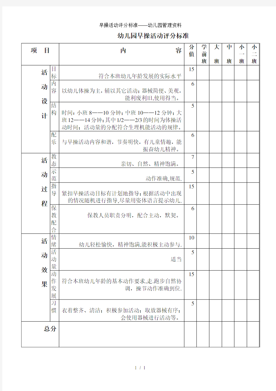 早操活动评分标准——幼儿园管理资料