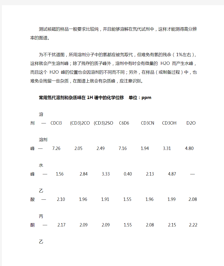 核磁谱图NMR常见溶剂峰杂质峰分析中文版