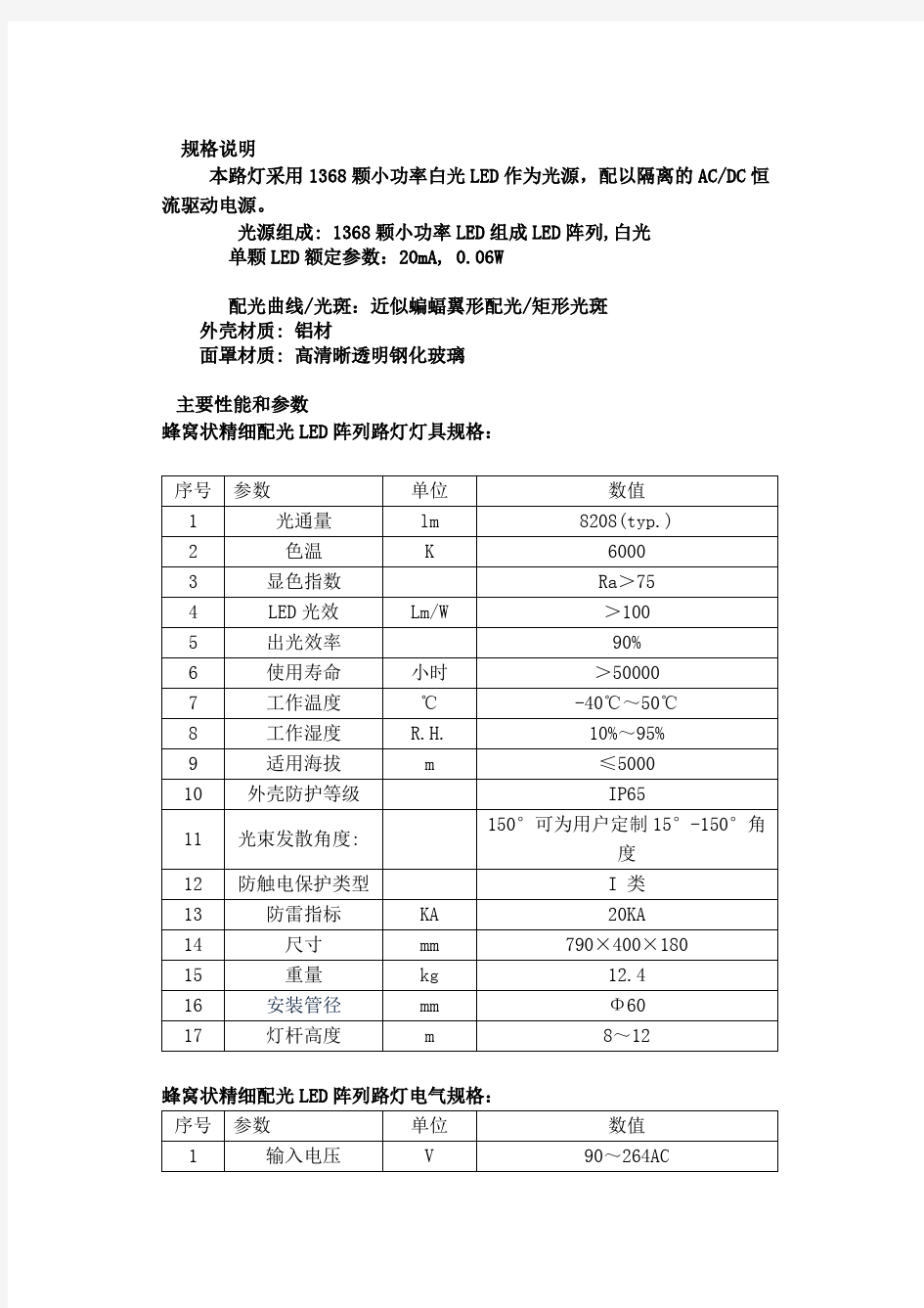 LED路灯技术参数(精)