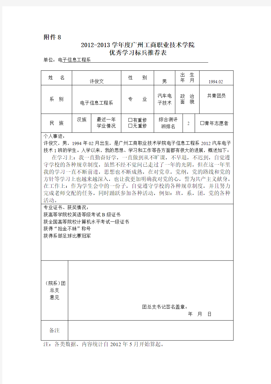 优秀学习标兵推荐表