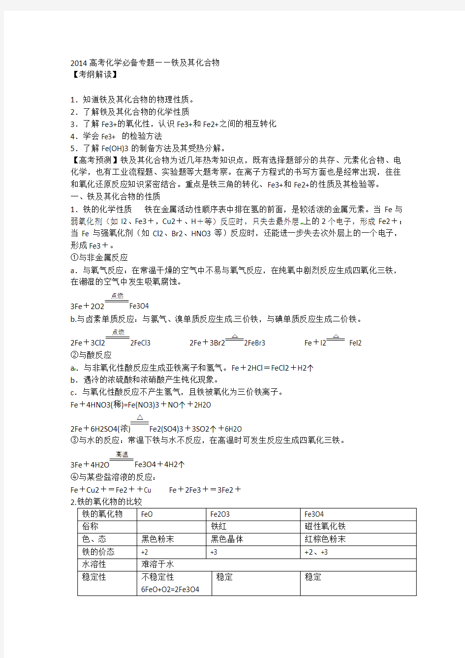 高考化学必备专题复习——铁及其化合物