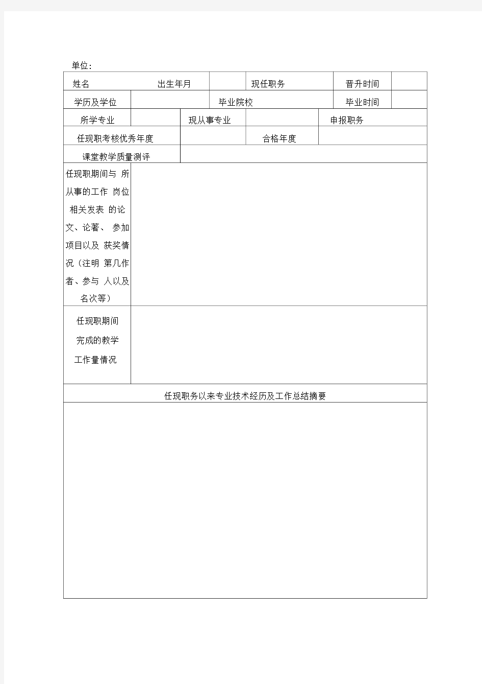 海南大学中初级专业技术资格评审推荐表