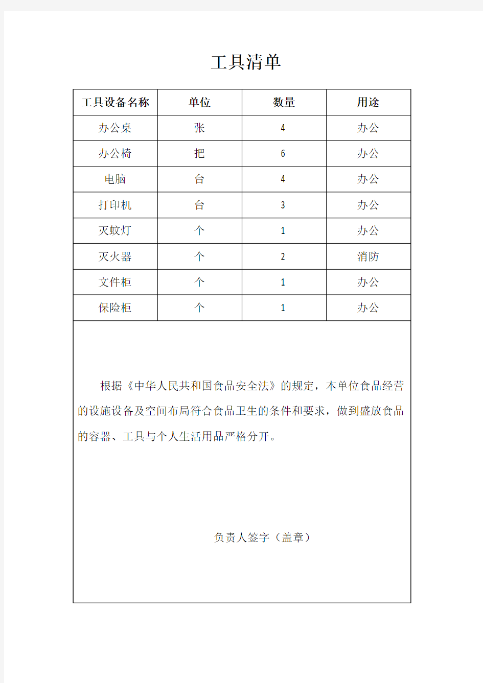 食品安全管理制度清单;工具清单