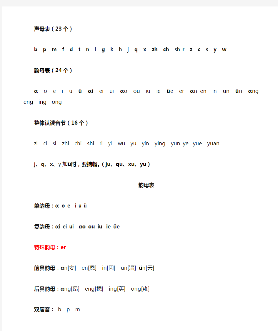 小学一年级汉语拼音字母表详细