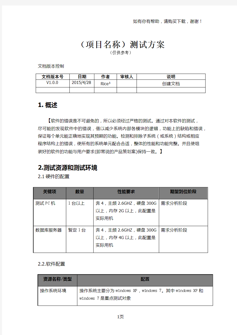 软件测试方案模板范文