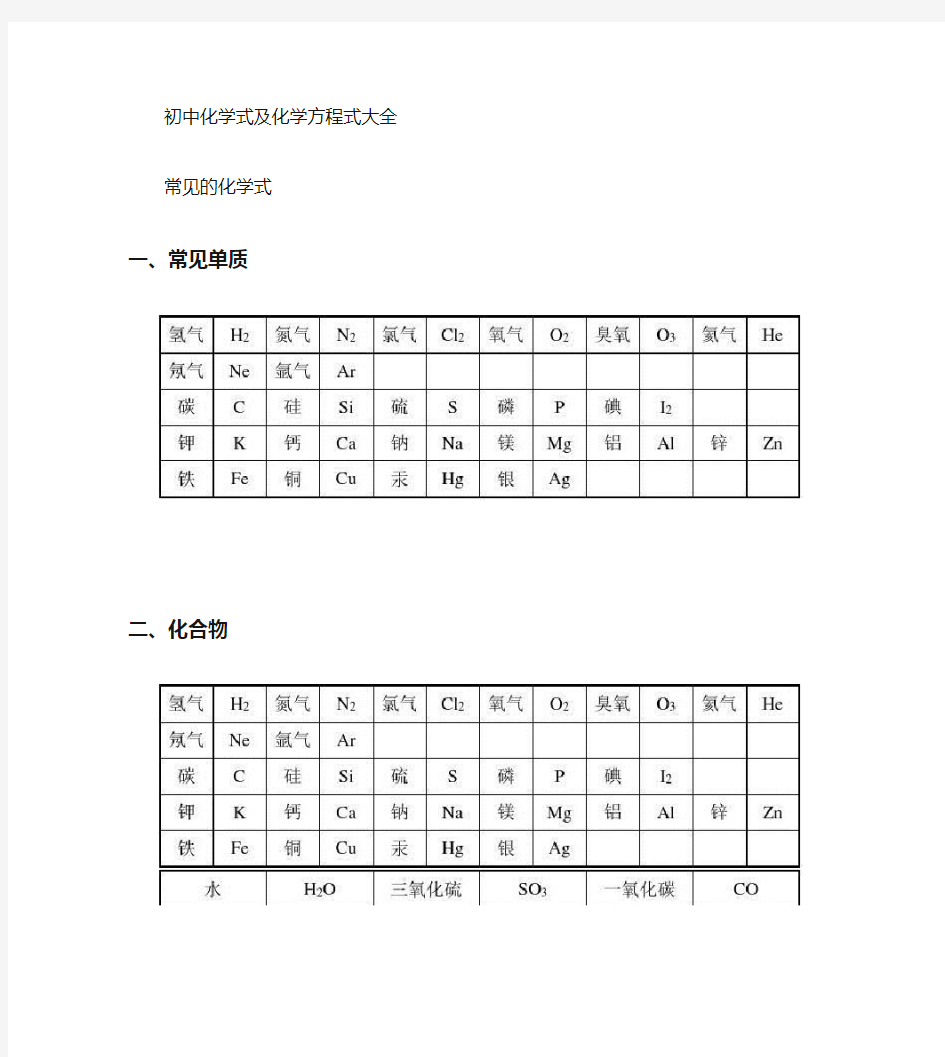 初中化学式及方程式大全