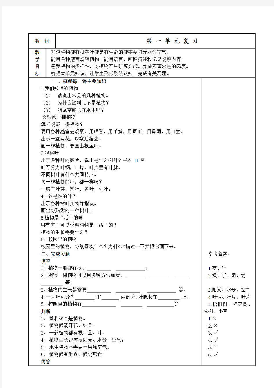 部编版一年级科学上册复习资料