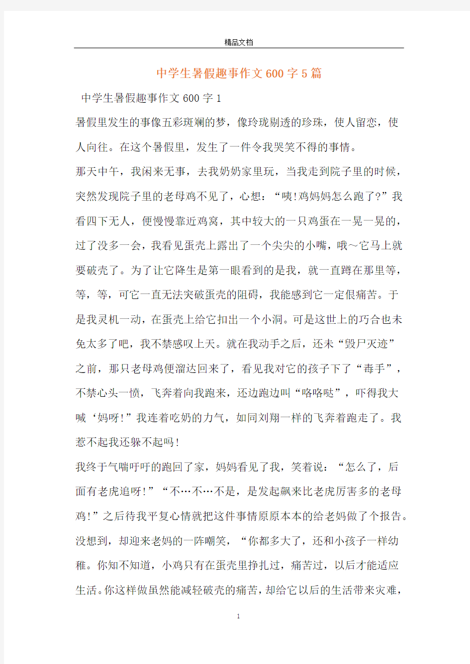 中学生暑假趣事作文600字5篇