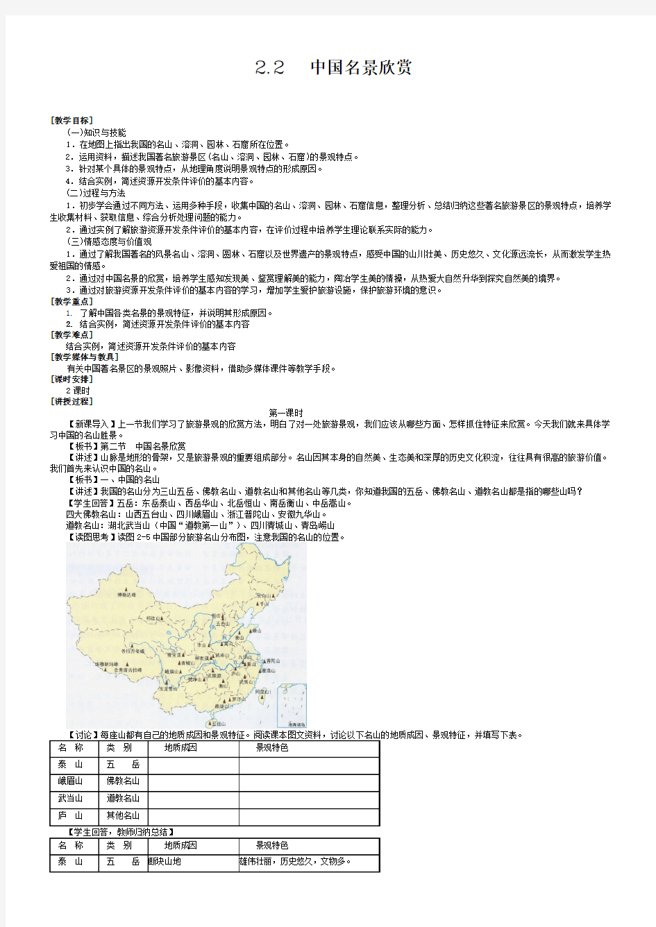 高二地理教案 2.2中国名景欣赏教案 湘教版选修3