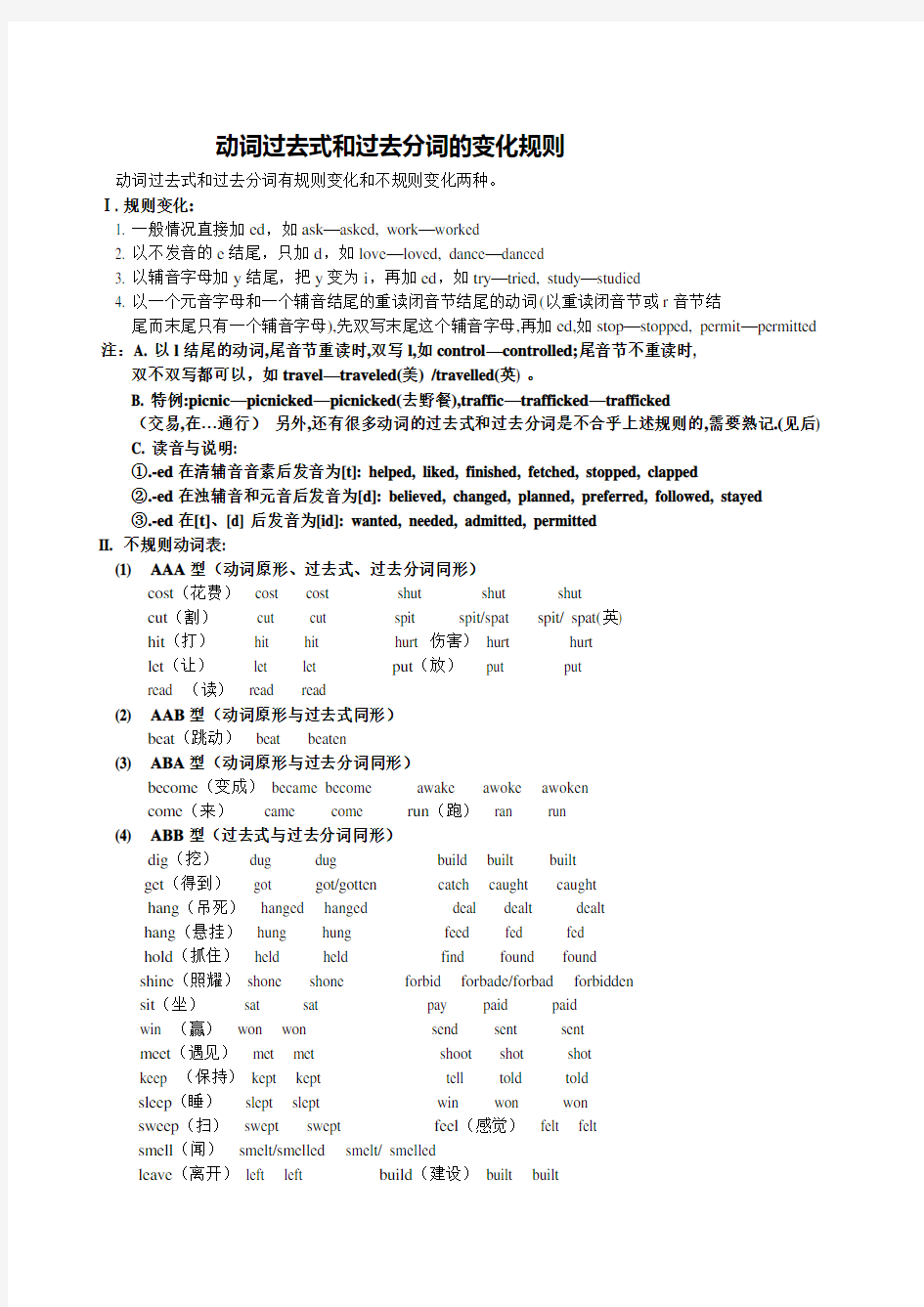 (完整版)动词过去式及过去分词变化规则