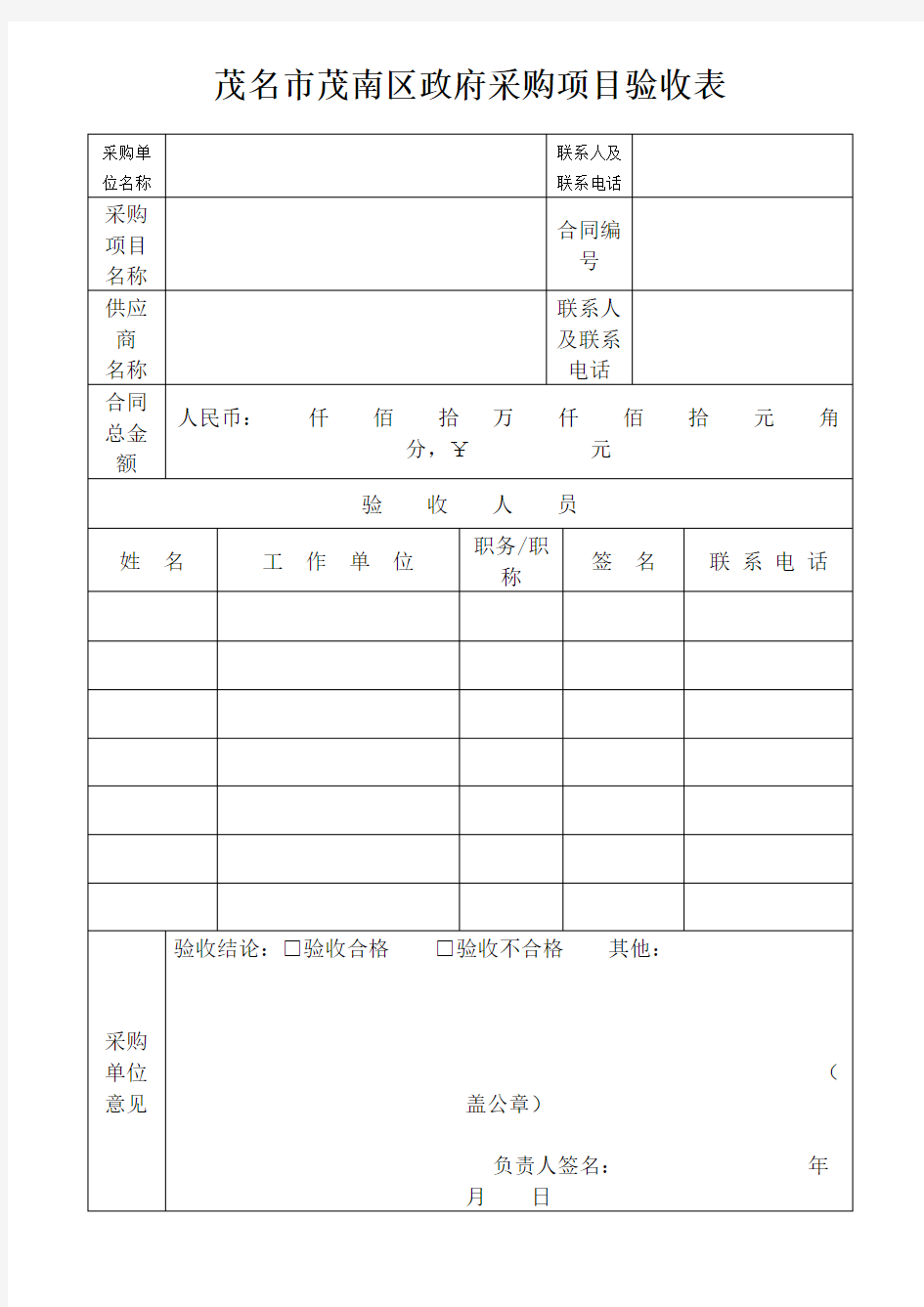 茂名市茂南区政府采购项目验收表