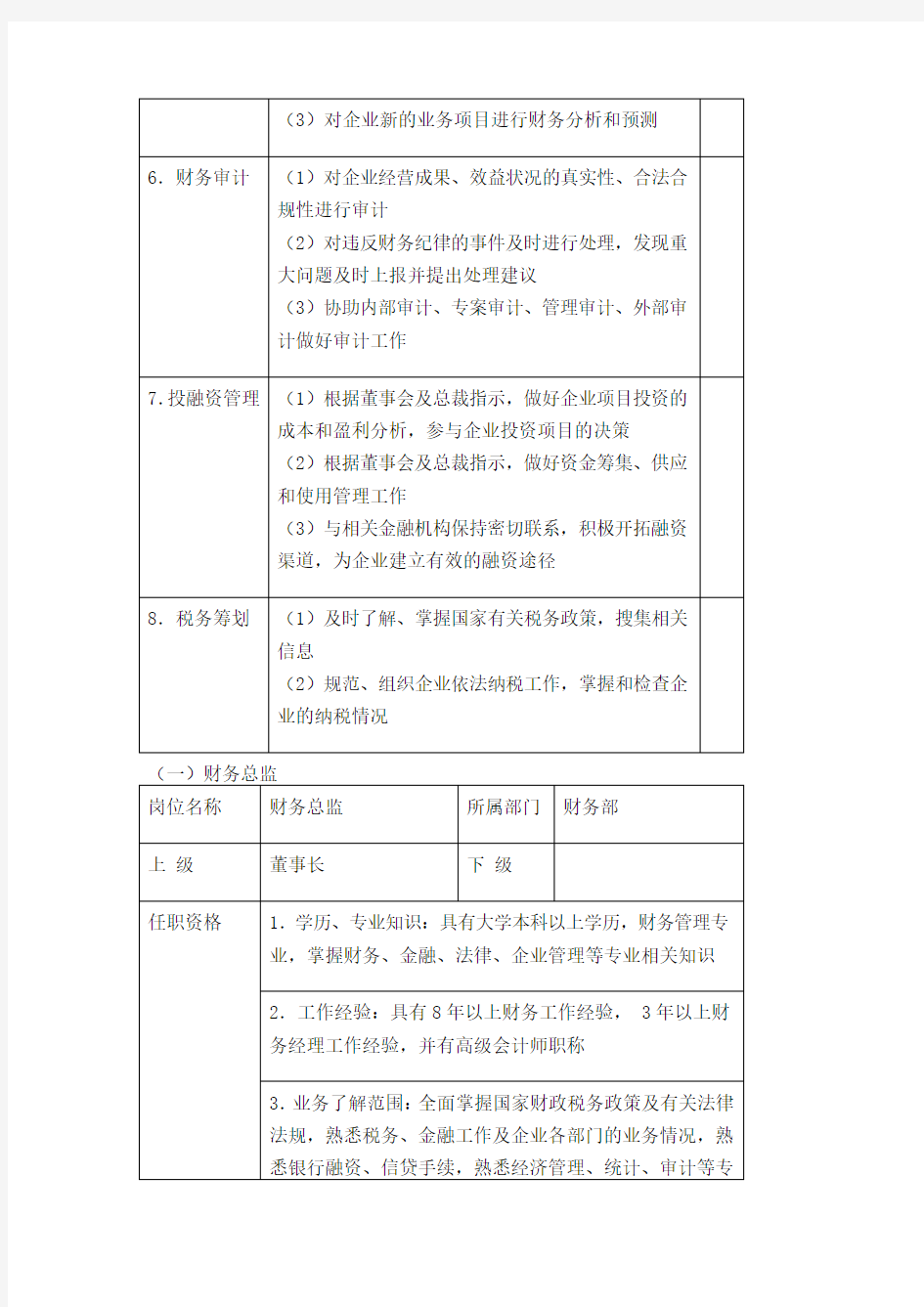 财务部岗位设置及工作职责划分