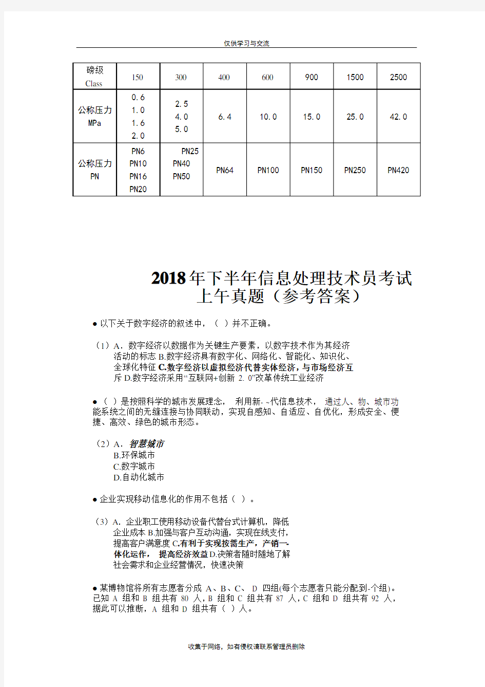 最新压力等级Class与压力等级对照表