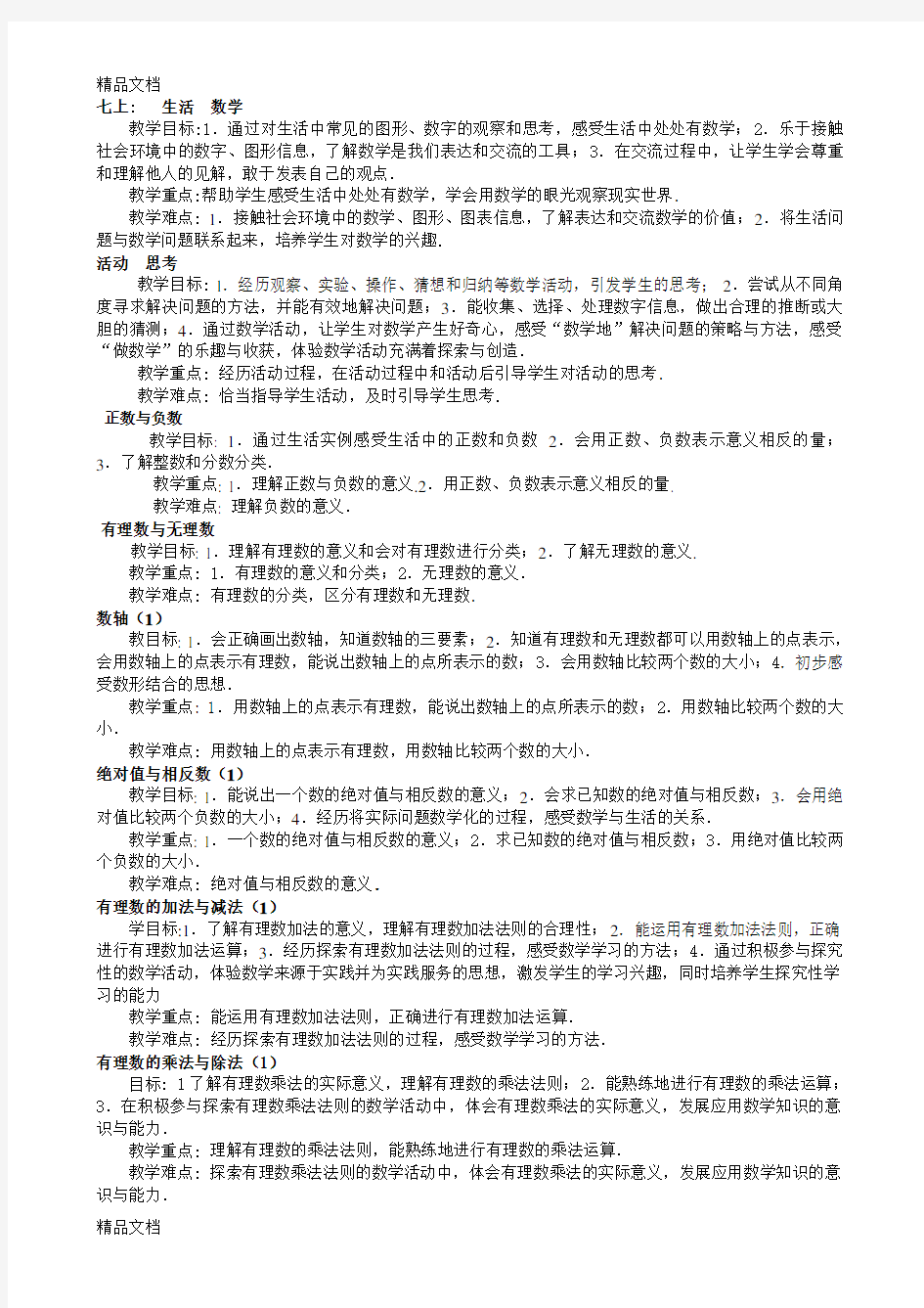 苏科版初中数学教学目标及重难点讲解学习