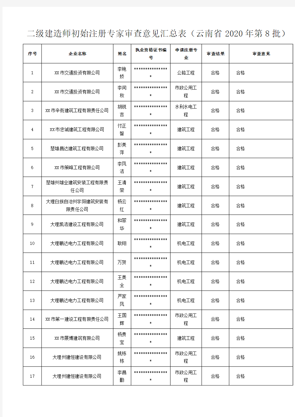 二级建造师初始注册专家审查意见汇总表【模板】