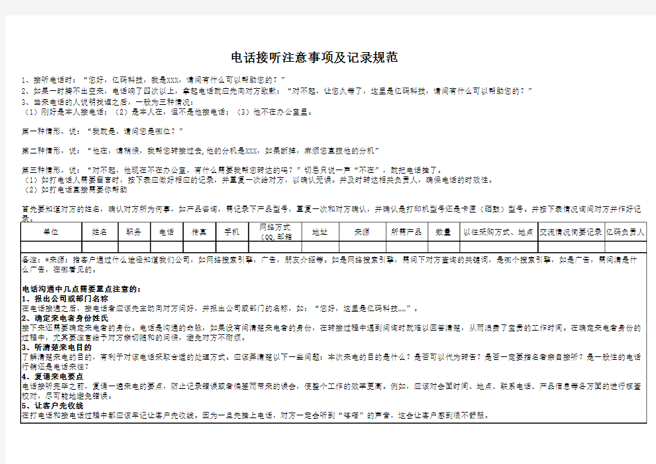 电话接听注意事项及记录规范