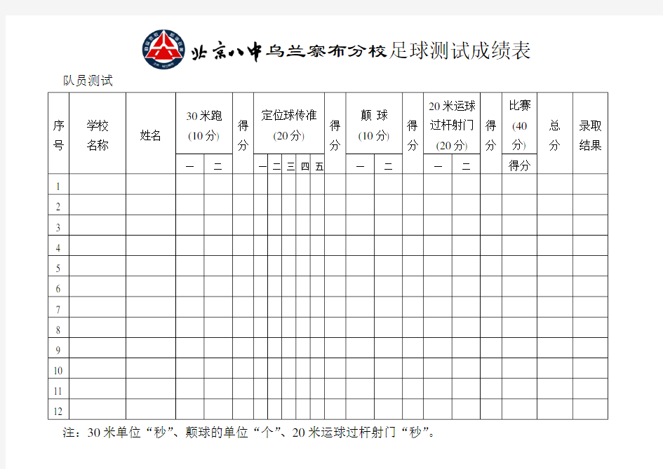 足球测试成绩表