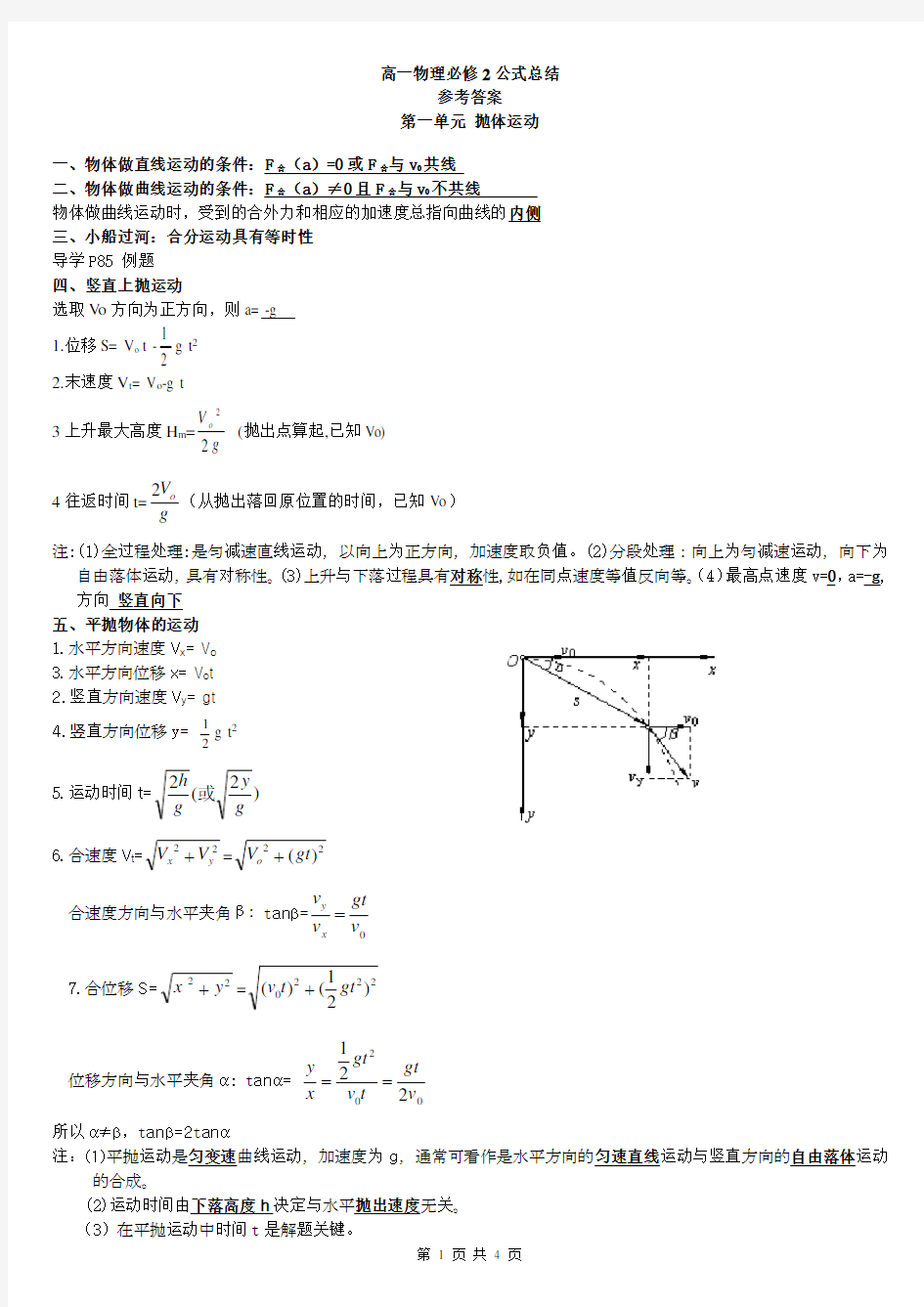 高一物理必修2公式总结附答案