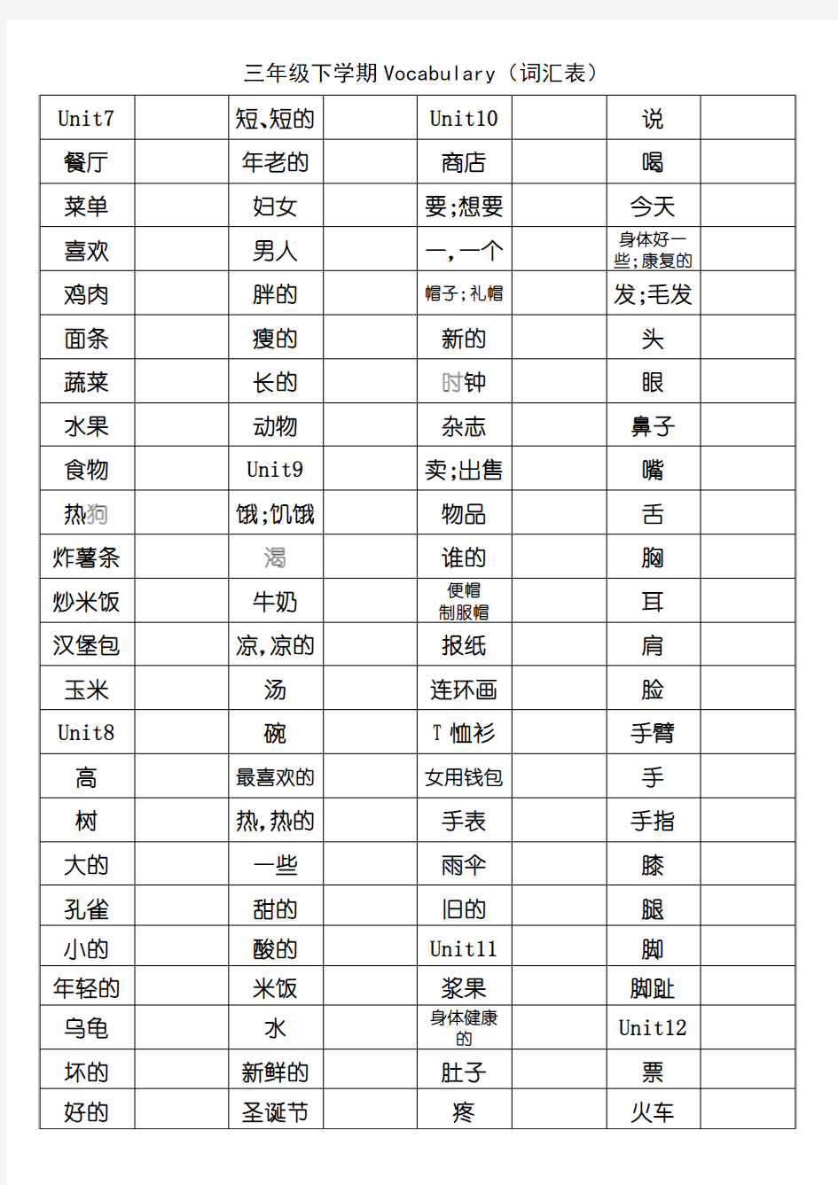 北师大版小学英语 三年级下册(单词表)填英文