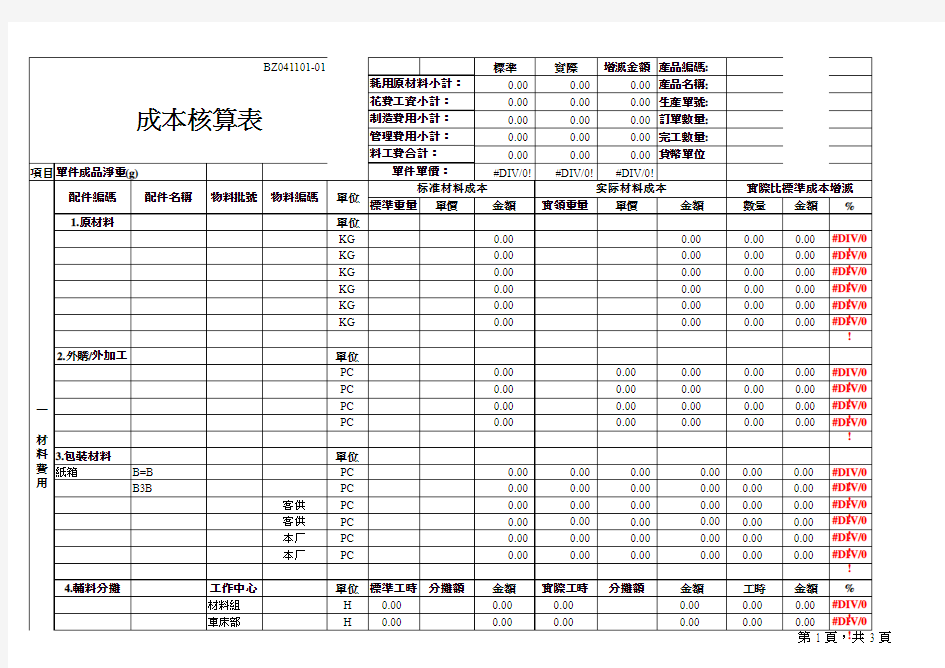 成本核算格式