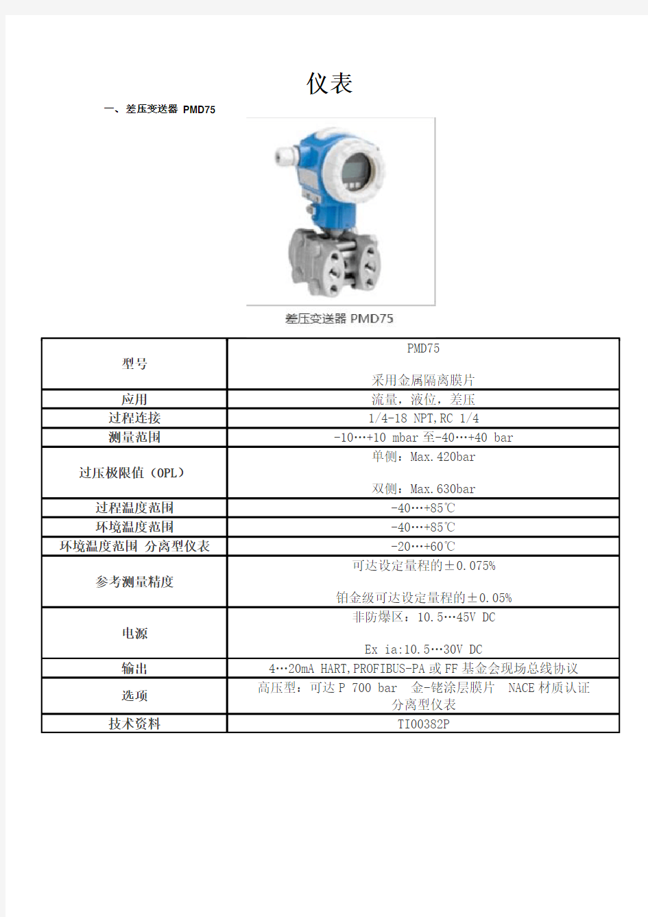 E+H PMD差压变送器说明