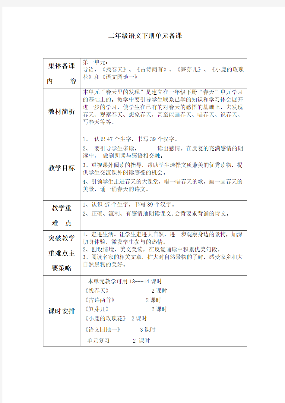 人教版二年级语文下册单元备课全