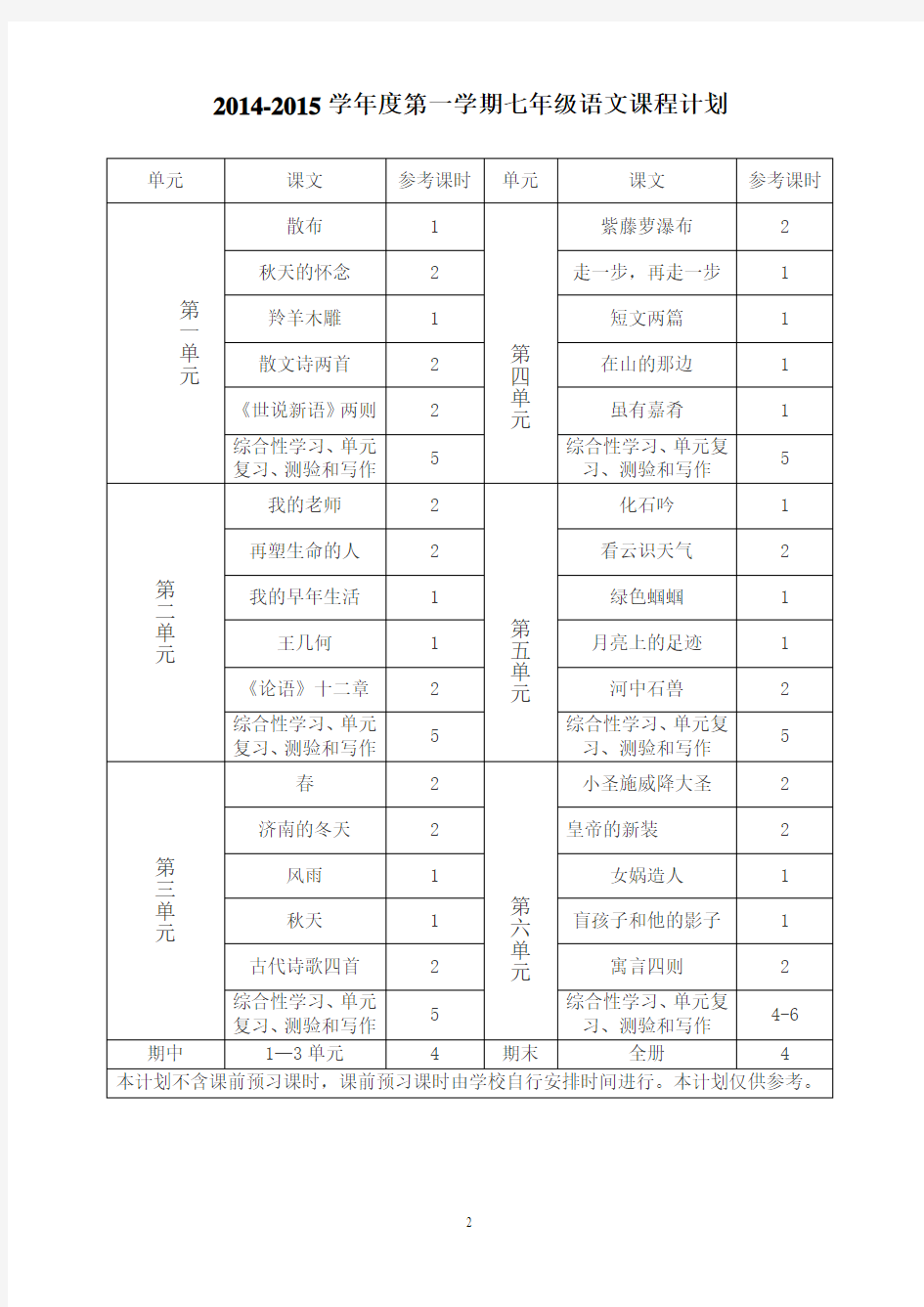 2014-2015学年第一学期课程计划