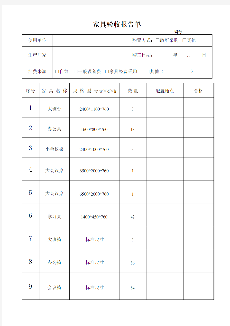 家具验收报告单