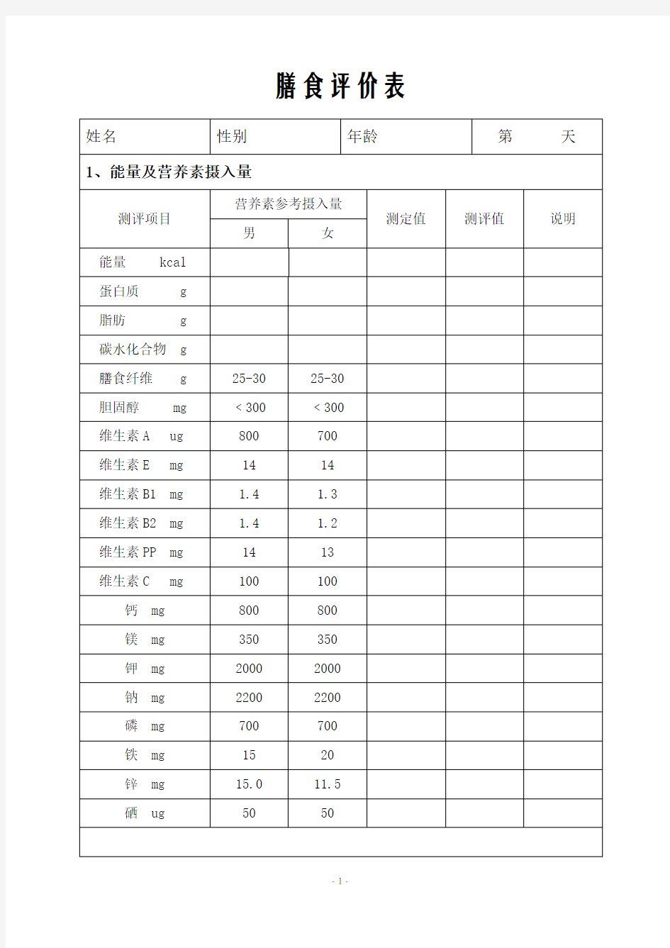 膳食评价表