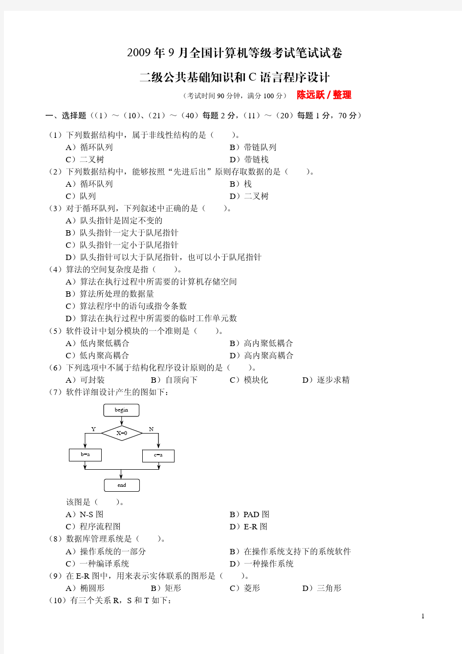 2009年9月全国计算机等级考试《二级C语言程序设计》真题及答案