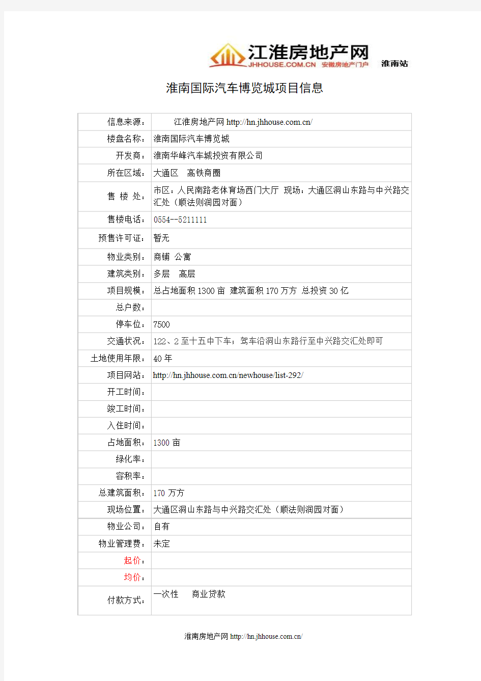 淮南国际汽车城项目信息表