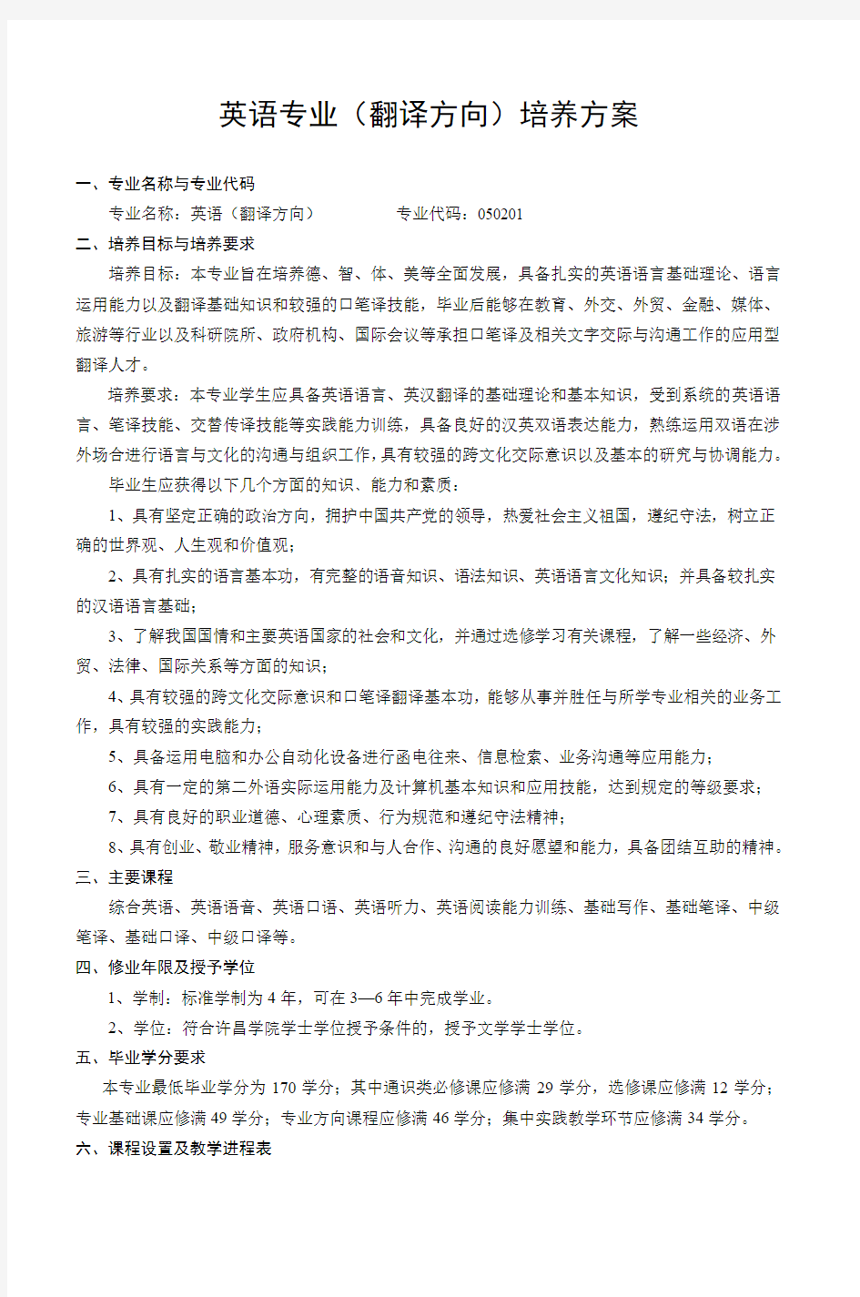 英语专业(翻译方向)培养方案