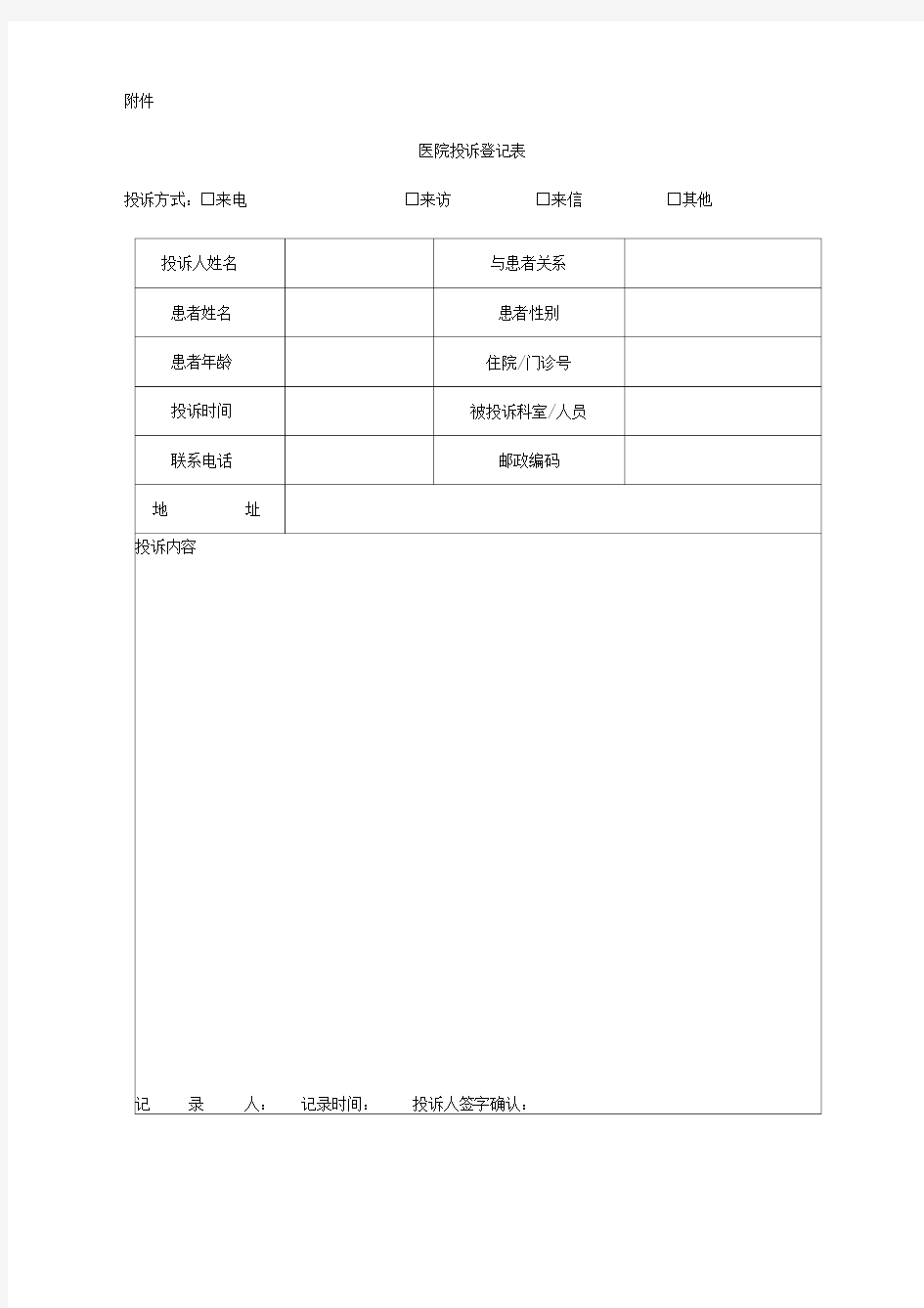 医院投诉登记表精选范文